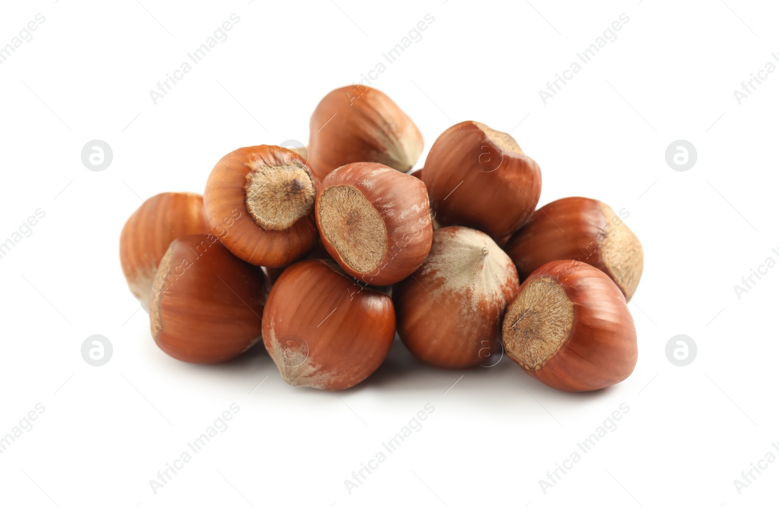 Photo of Tasty organic hazelnuts on white background. Healthy snack