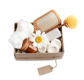 Spa gift set of different luxury products in cardboard box on white background