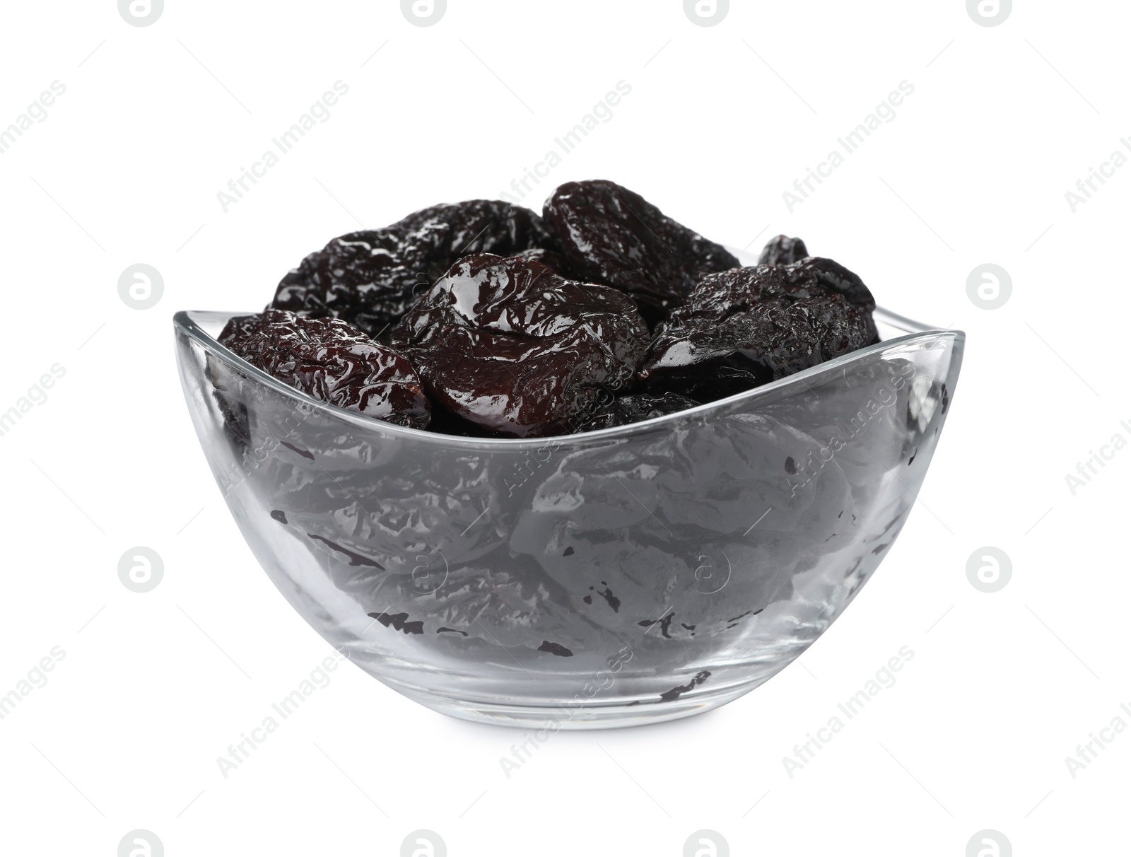 Photo of Bowl with sweet dried prunes isolated on white