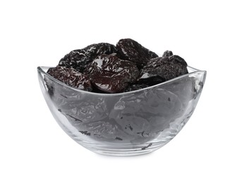 Photo of Bowl with sweet dried prunes isolated on white