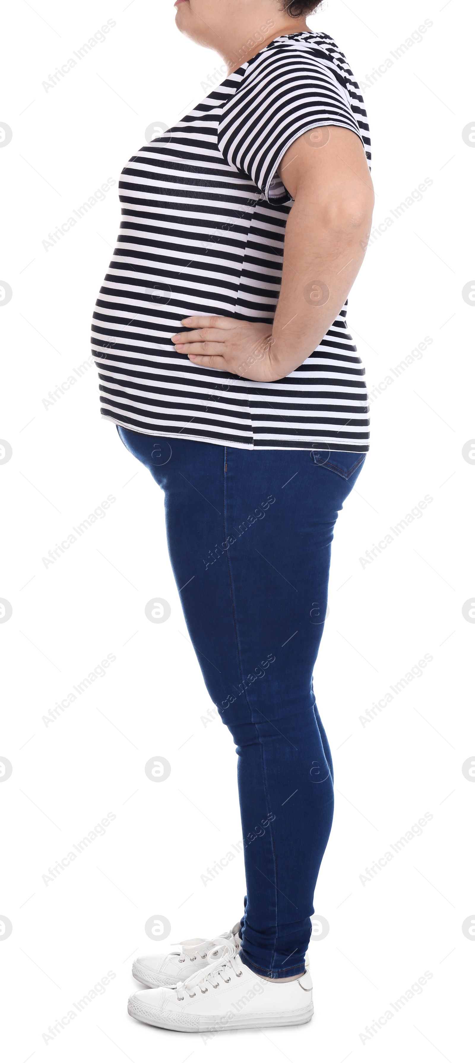 Photo of Overweight woman on white background, closeup. Weight loss