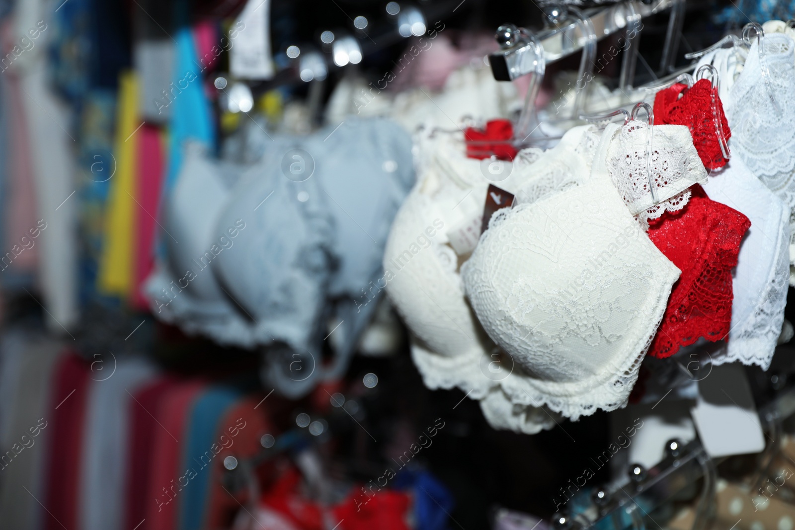 Photo of Stylish female underwear on hangers in boutique