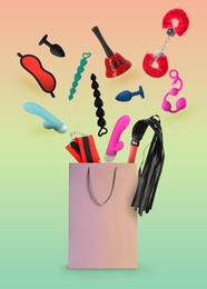 DIfferent sex toys and accessories falling into paper shopping bag on color background