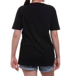 Photo of Woman in stylish black t-shirt on white background, back view