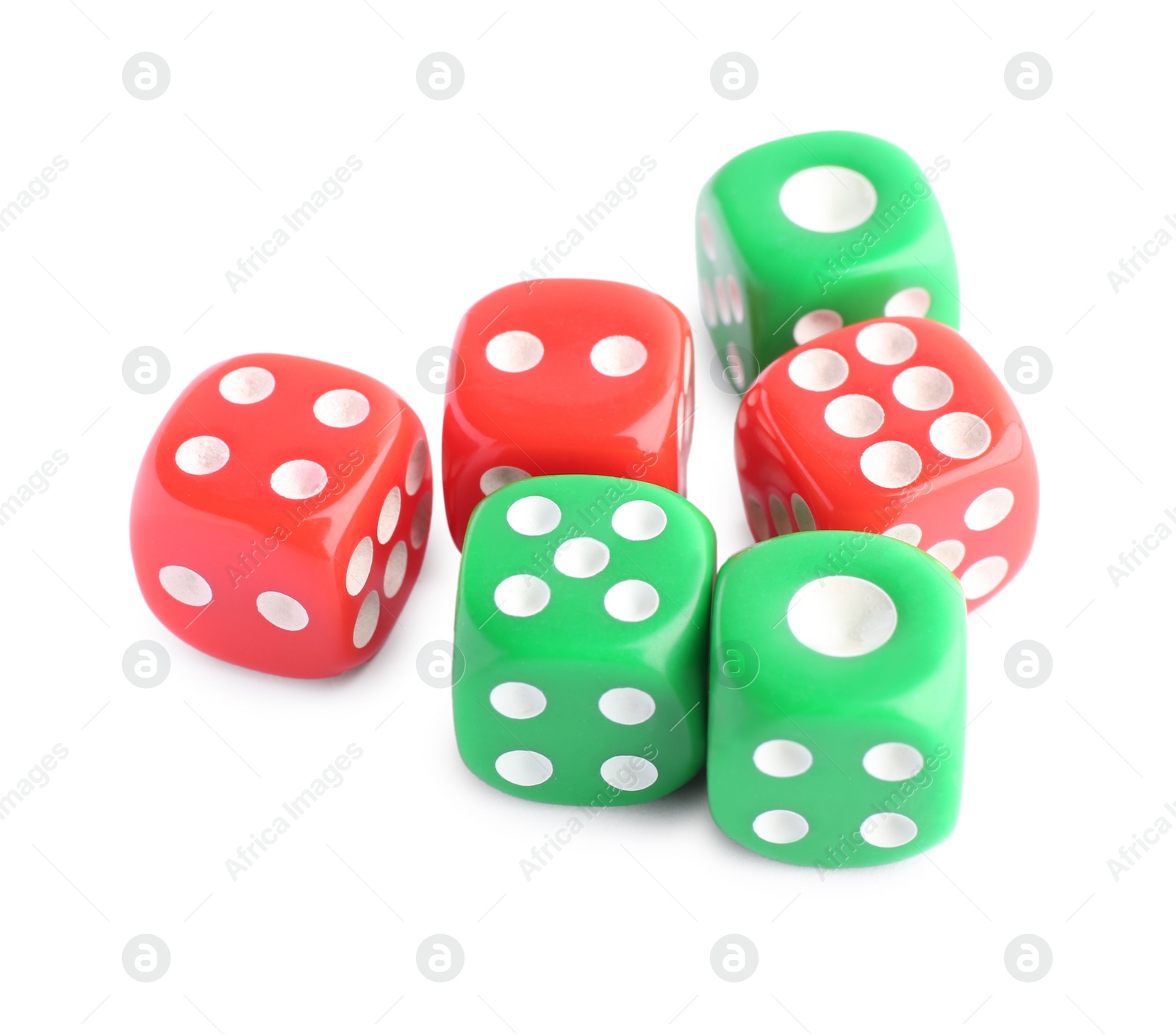 Photo of Many green and red game dices isolated on white