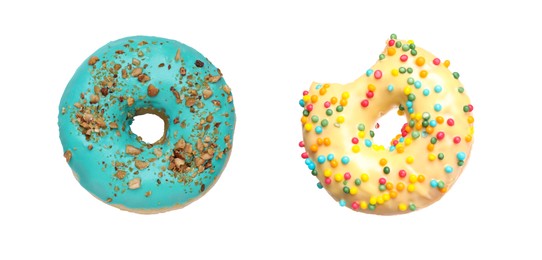 Image of Whole and bitten tasty donuts with sprinkles isolated on white