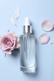 Bottle of cosmetic serum, beautiful flower and petals on light blue background, flat lay