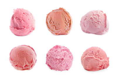 Image of Set with scoops of different ice creams on white background