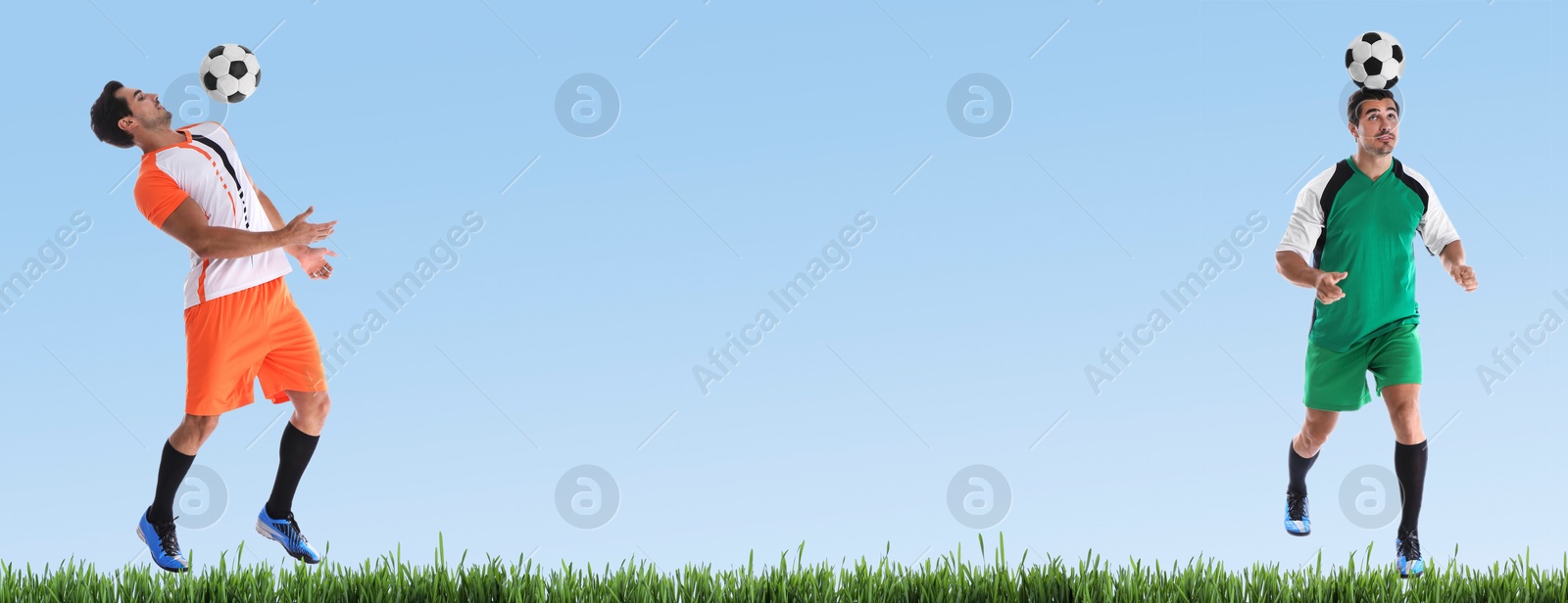 Image of Young man playing football on light blue background, space for text. Banner design