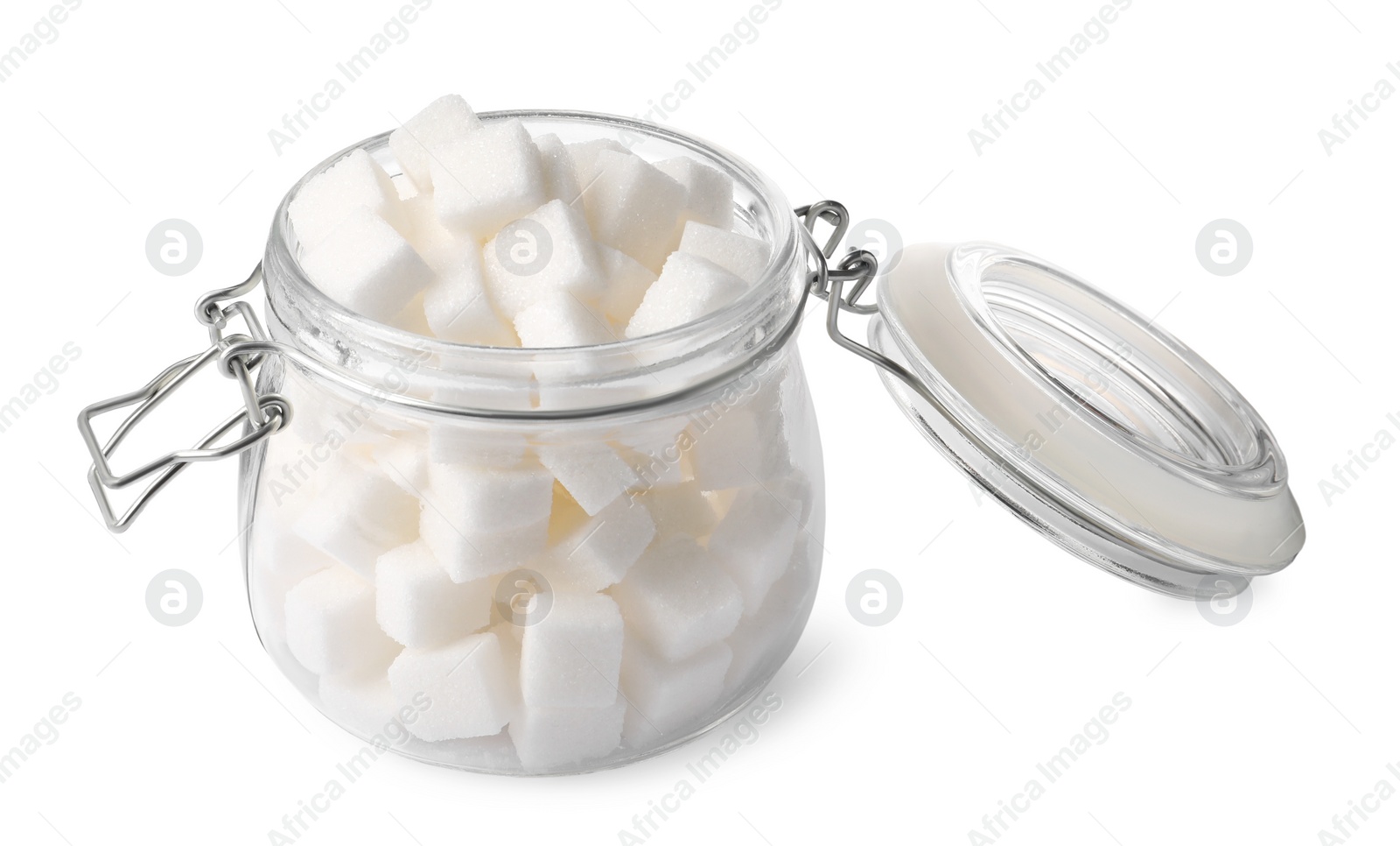 Photo of Glass jar of refined sugar cubes isolated on white