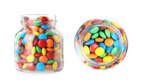 Many sweet colorful candies in glass jar isolated on white, side and top views