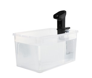 Thermal immersion circulator in plastic container with water isolated on white. Sous vide cooker