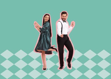 Image of Pop art poster. Couple dancing on turquoise background, pin up style