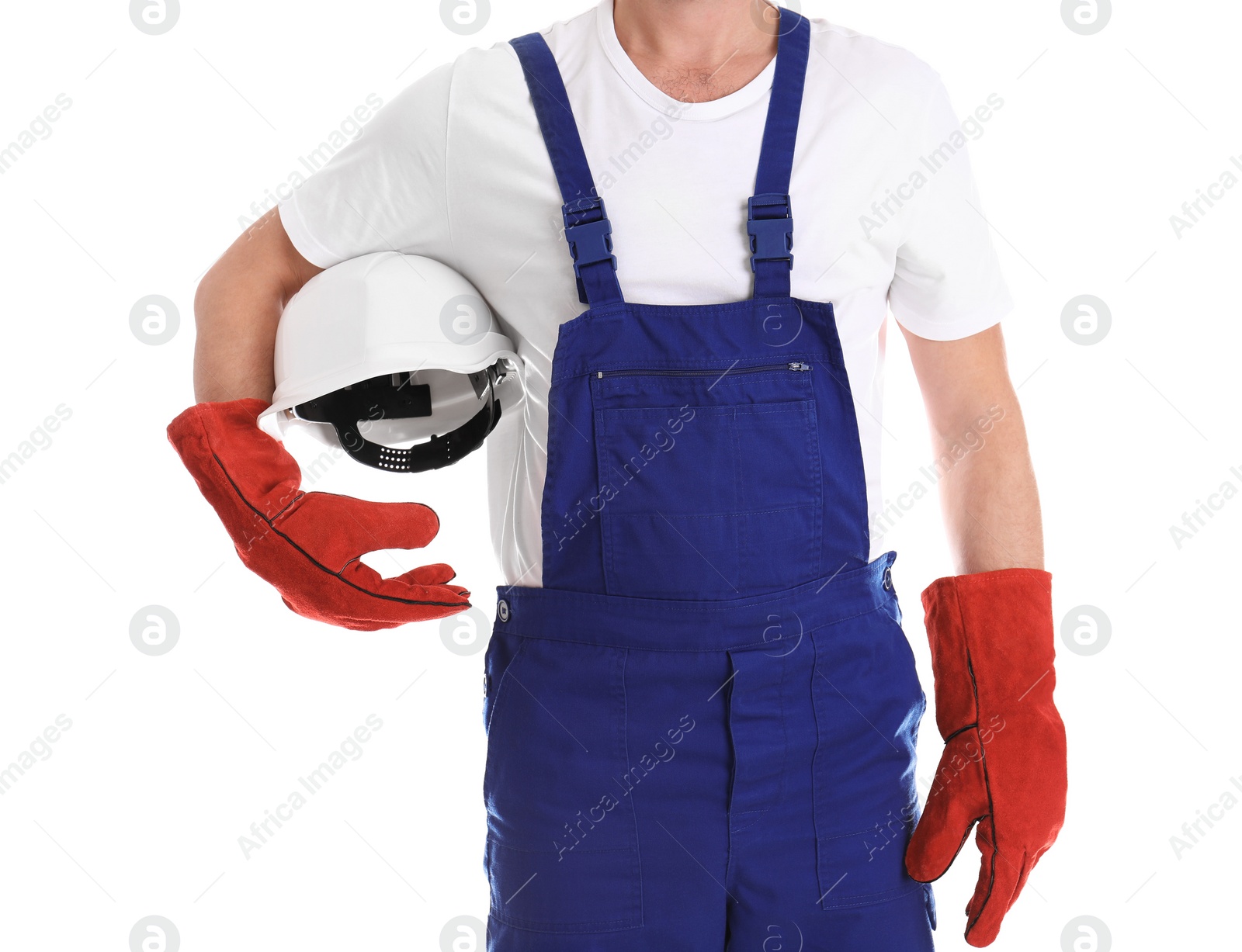 Photo of Male industrial worker in uniform on white background, closeup. Safety equipment