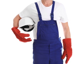 Photo of Male industrial worker in uniform on white background, closeup. Safety equipment