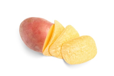 Raw potato and tasty chips on white background