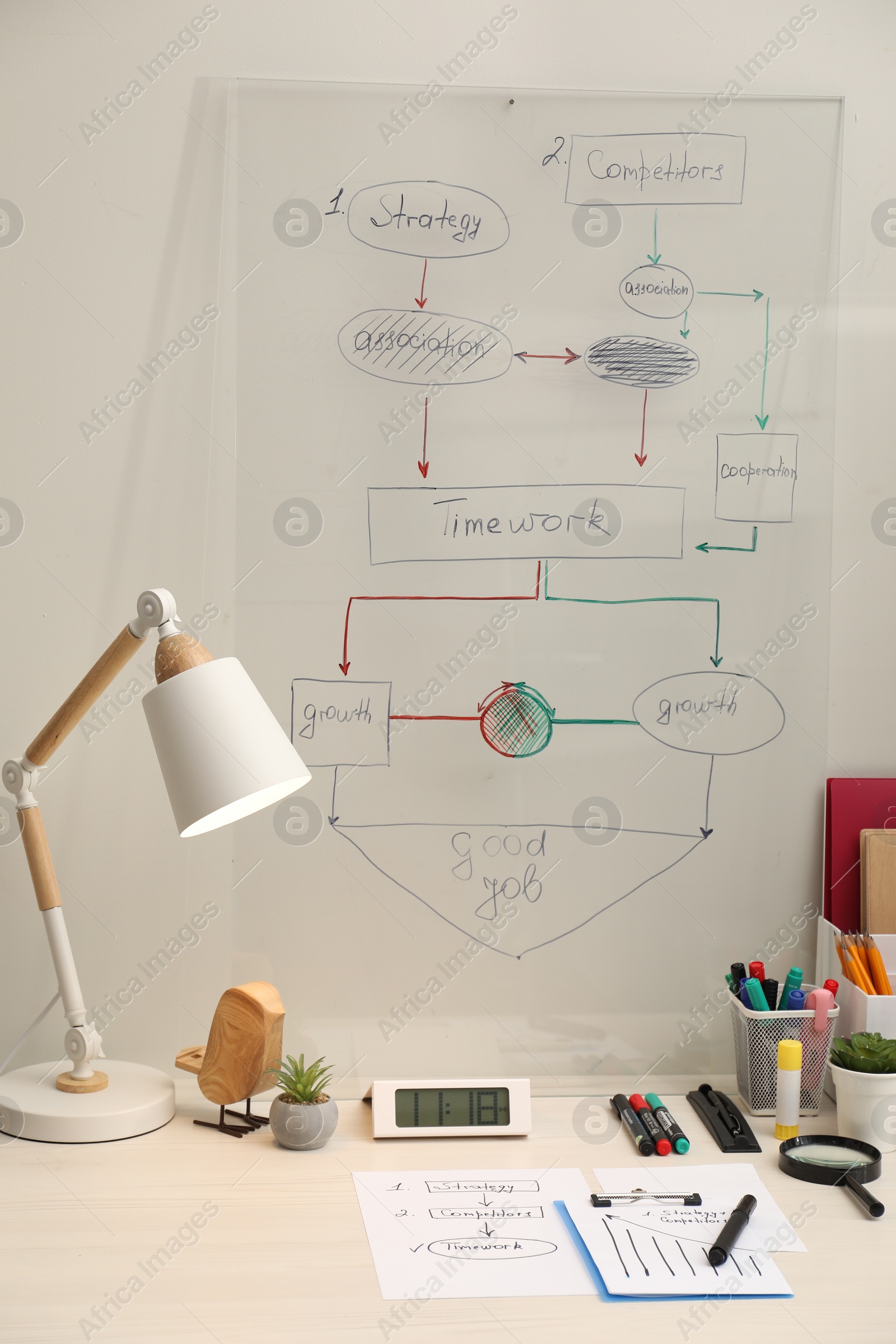 Photo of Business process planning and optimization. Workplace with lamp, notebook and other stationery on white wooden table