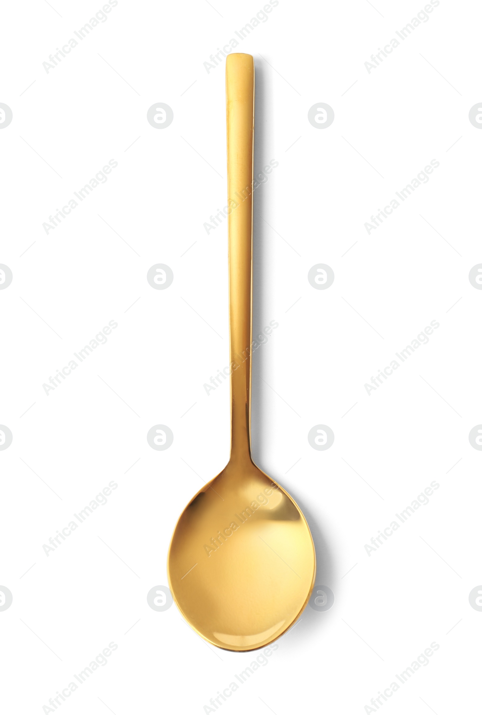 Photo of Stylish clean gold spoon on white background, top view