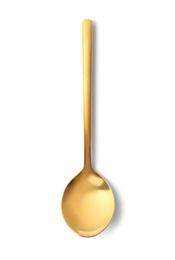 Photo of Stylish clean gold spoon on white background, top view