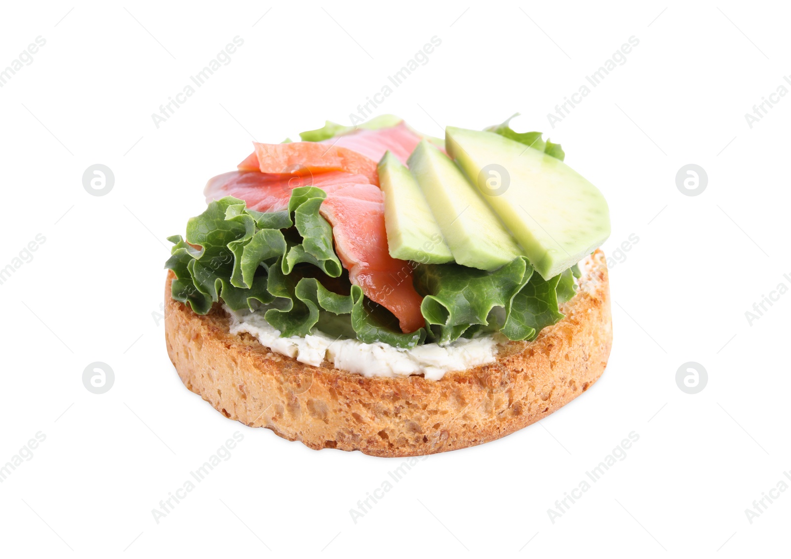 Photo of Tasty rusk with salmon, cream cheese and avocado isolated on white