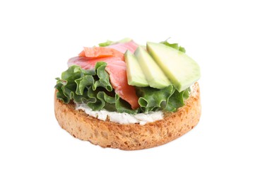 Photo of Tasty rusk with salmon, cream cheese and avocado isolated on white