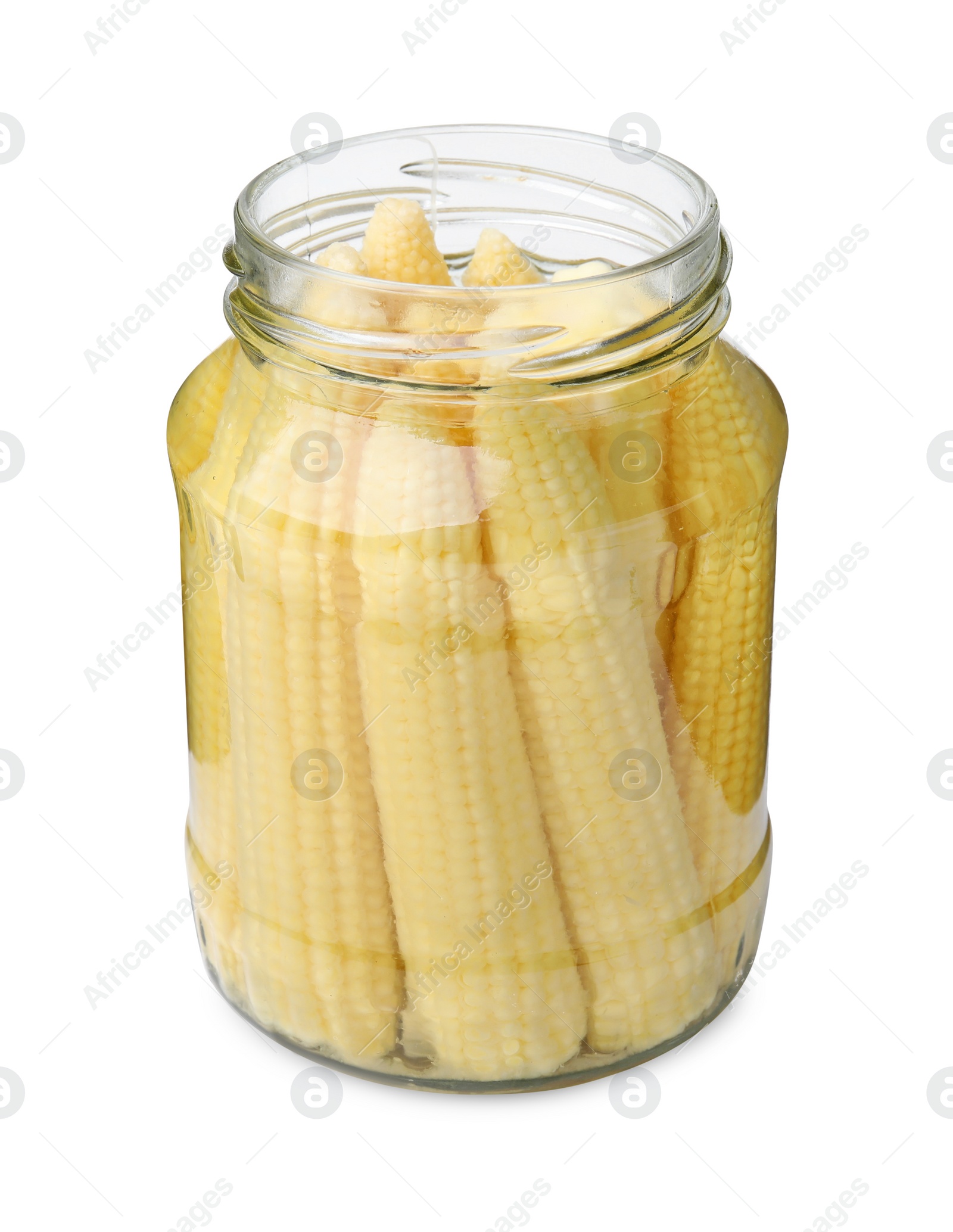 Photo of Tasty fresh yellow baby corns in glass jar isolated on white