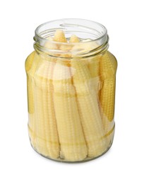 Photo of Tasty fresh yellow baby corns in glass jar isolated on white