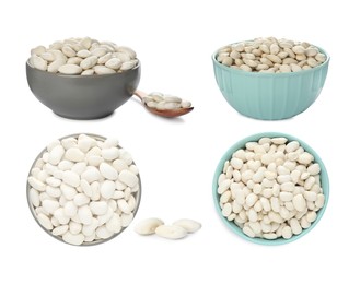 Set with uncooked beans on white background 