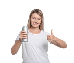 Beautiful happy woman holding red beverage can and showing thumbs up on white background