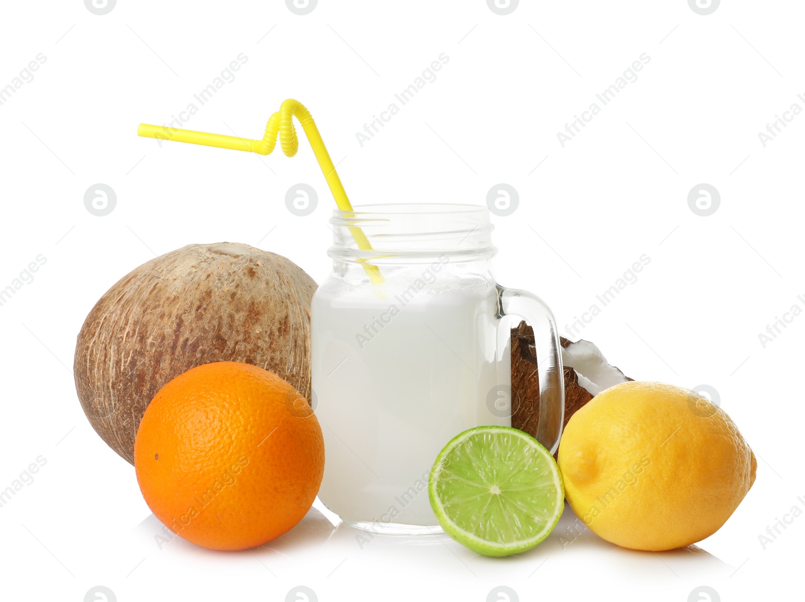 Photo of Composition of coconut milk and tropical fruits on white background