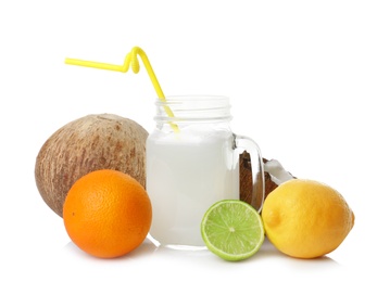 Photo of Composition of coconut milk and tropical fruits on white background