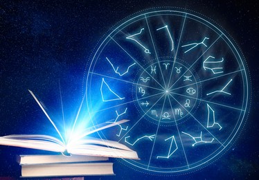 Image of Books, illustration of zodiac wheel with astrological signs and starry sky at night