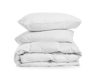 Photo of Clean blanket and pillows on white background