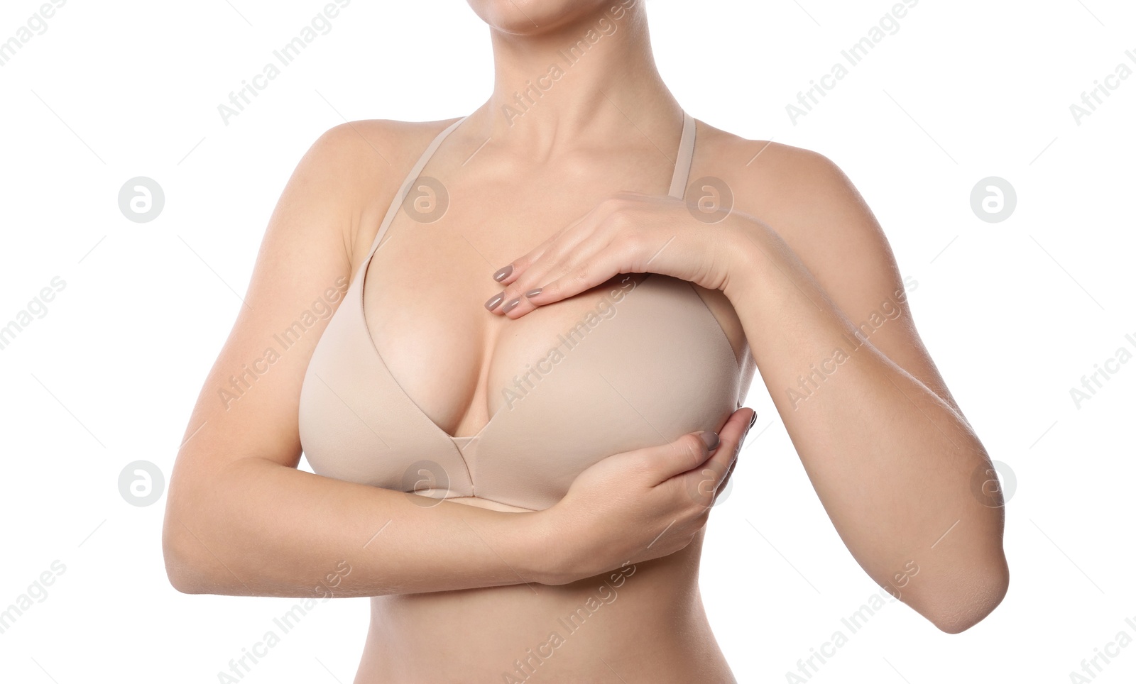 Photo of Woman checking her breast on white background, closeup