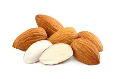 Photo of Organic almond nuts on white background. Healthy snack