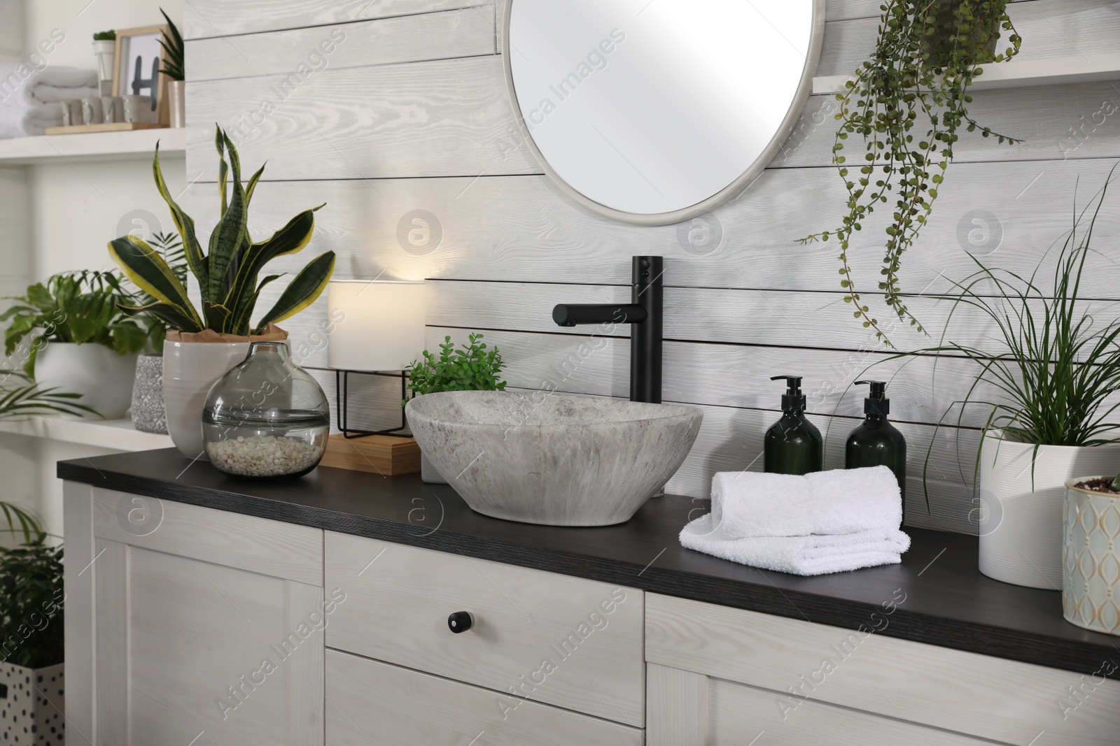 Photo of Stylish bathroom interior with vessel sink and beautiful plants