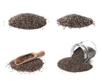 Set with chia seeds on white background