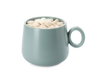 Photo of Cup of aromatic hot chocolate with marshmallows isolated on white