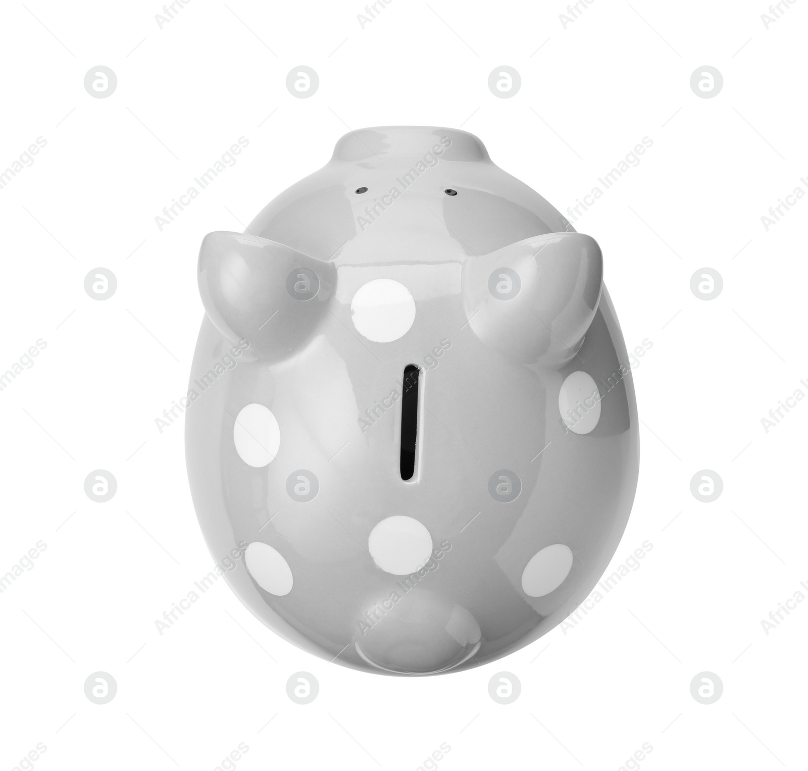 Photo of Gray piggy bank on white background, top view. Money saving