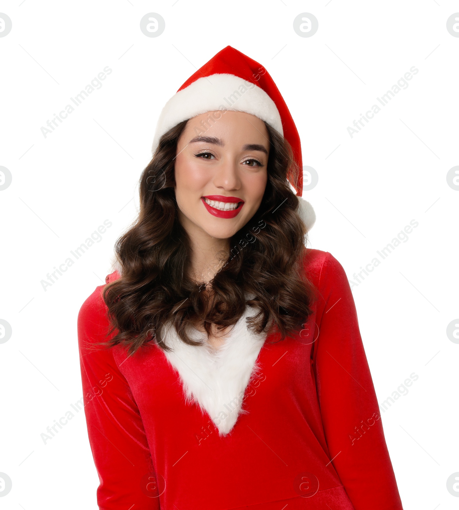 Photo of Beautiful young woman in Christmas red dress and Santa hat isolated on white