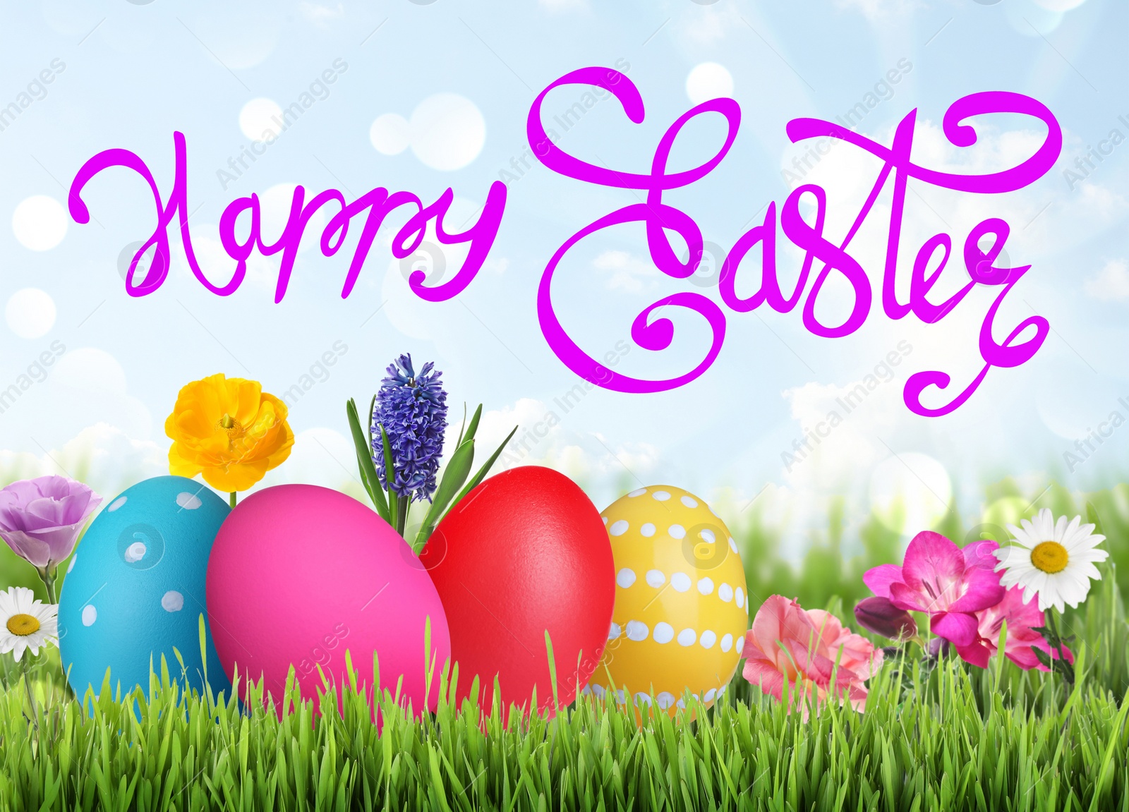 Image of Happy Easter. Bright eggs and spring flowers on green grass outdoors