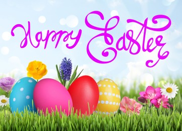 Image of Happy Easter. Bright eggs and spring flowers on green grass outdoors