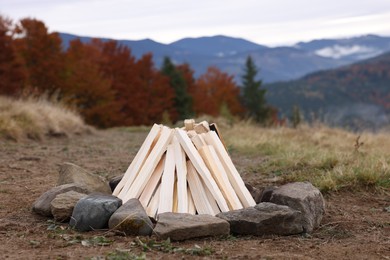 Dry wood for bonfire in mountains. Camping season