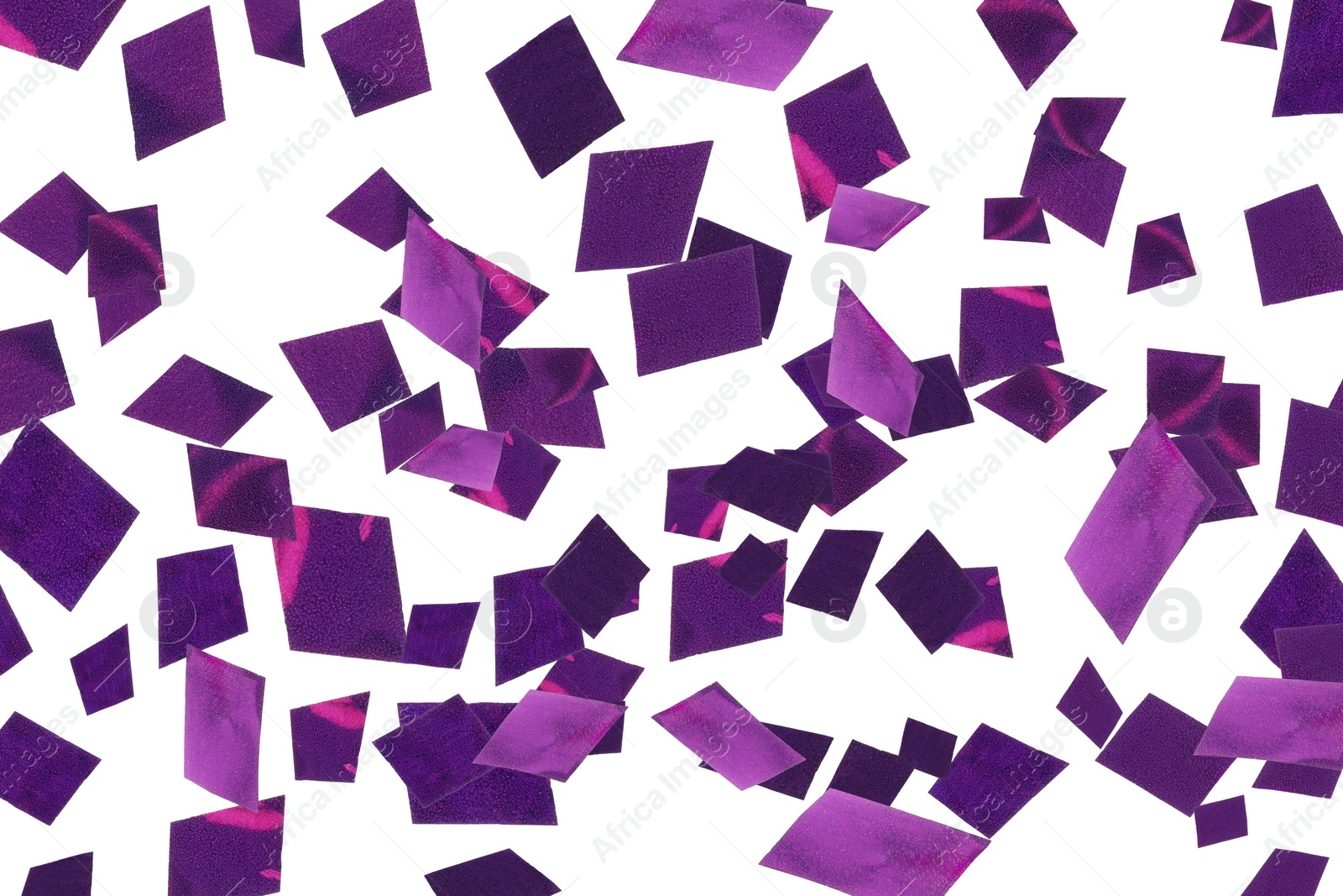 Image of Shiny purple confetti falling on white background