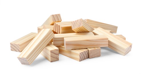 Photo of Pile of wooden blocks on white background. Jenga game