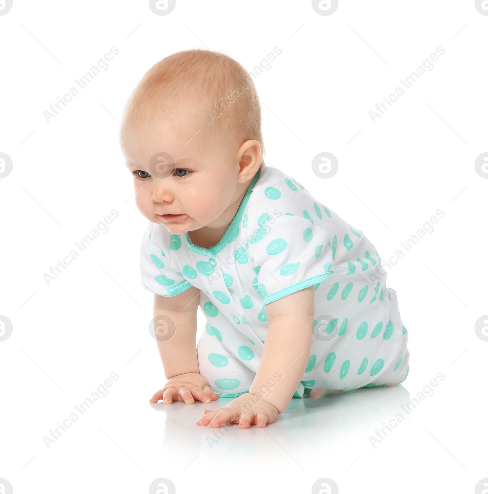 Photo of Cute little baby crawling on white background