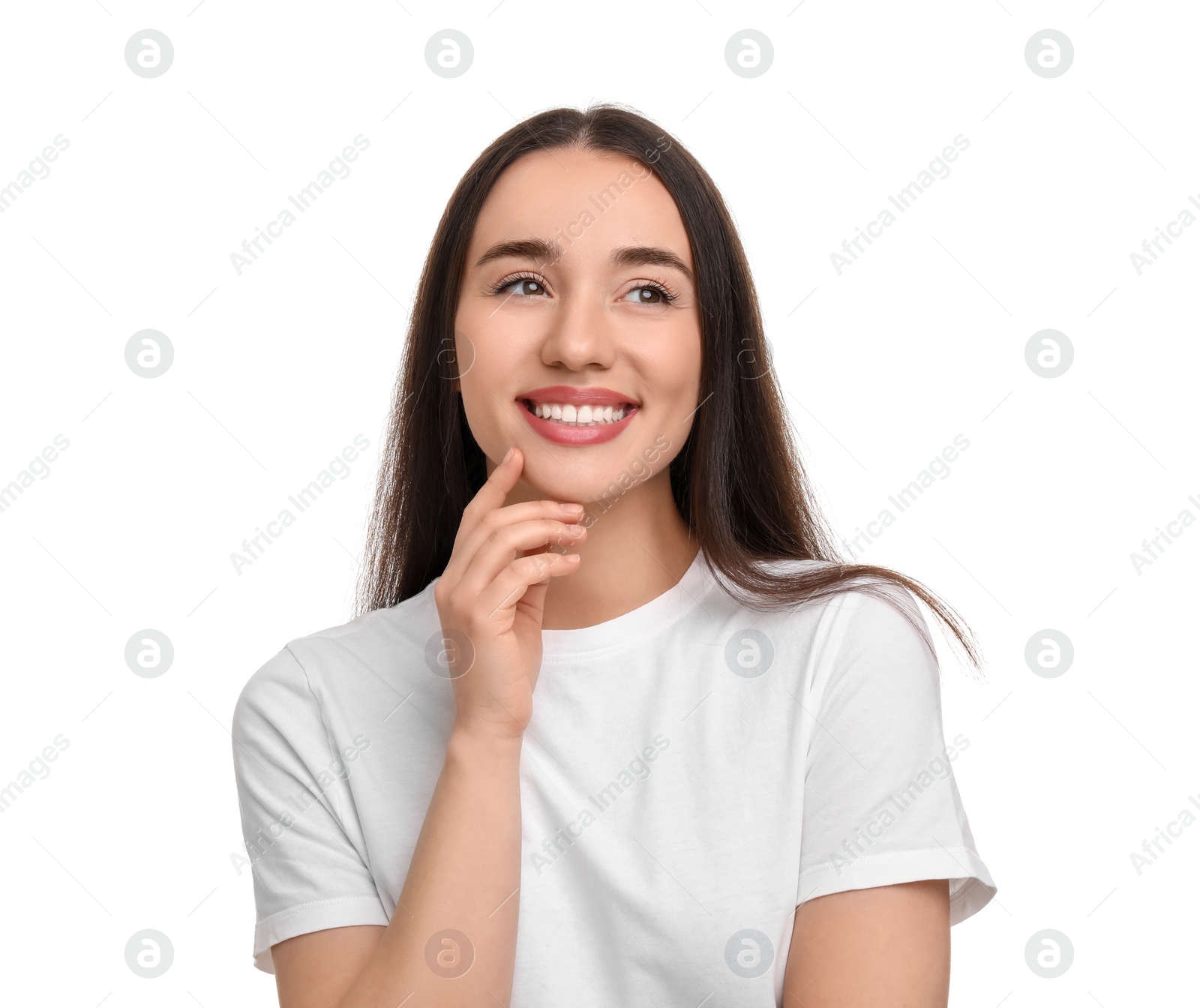 Photo of Young woman with clean teeth smiling on white background