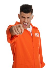 Photo of Emotional prisoner in orange jumpsuit pointing at camera on white background