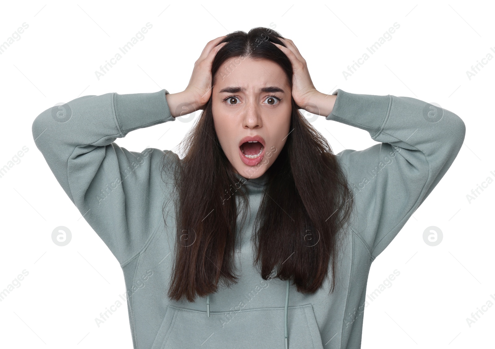 Photo of Portrait of surprised young woman on white background