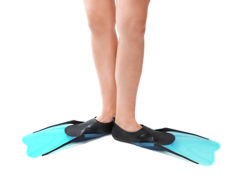 Photo of Woman wearing blue flippers on white background, closeup